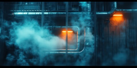 Naklejka premium an industrial setting with pipes, smoke, and an orange glow, creating a scene of energy and industry