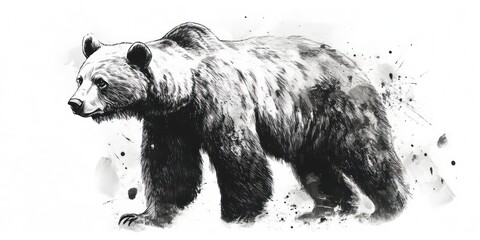 An illustration of a grizzly bear in monochrome style, with detailed fur and strong posture