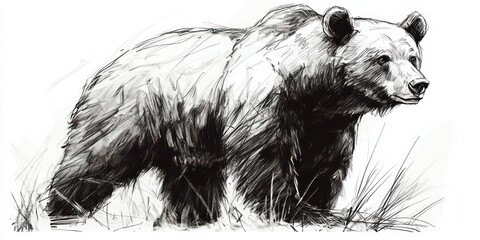 a sketched detailed illustration of a grizzly bear in grayscale, exuding a sense of power and wilderness. The bear's fur is textured, with the drawing capturing its strength and presence