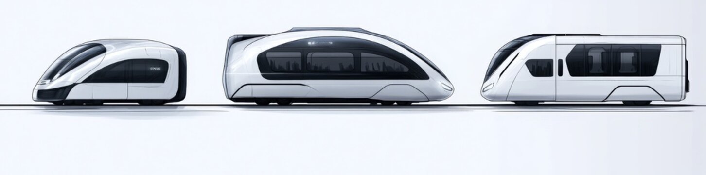 Modern illustrations, hand-drawn and futuristic in style, depict monorails navigating city skylines at sunset