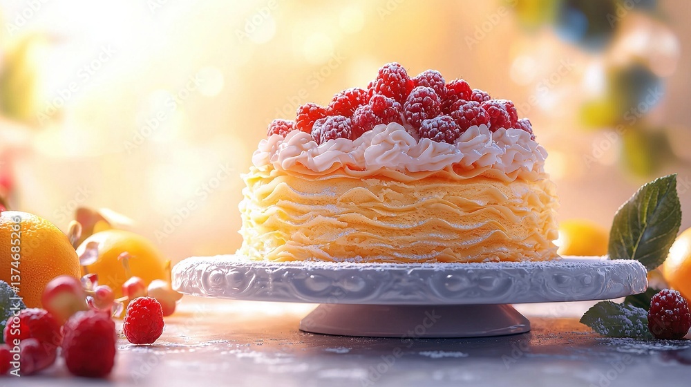Poster a white plate with frosting serves as the background for a cake and fresh fruits positioned adjacent