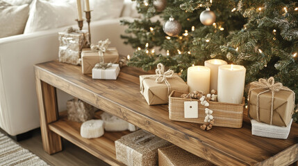 Aesthetic composition of christmas living room interior with wooden console, christmas gifts, candle with candlestick, christmas tree, and personal accessories. Home decor. Template.