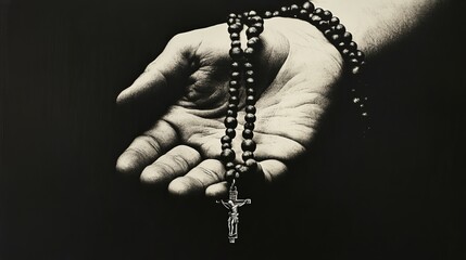 Hand holding a rosary with a crucifix in a dark setting with a sepia tone and visible texture