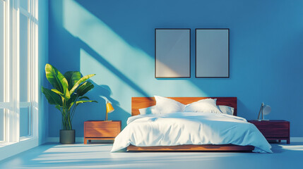 Elegant bedroom setup with a blue feature wall, textured bedding, and minimalist decor.