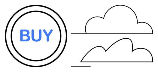 Circular Buy button paired with minimalist cloud outlines symbolizes online shopping and cloud services. Ideal for e-commerce, tech, cloud storage, digital tools, online transactions, innovation