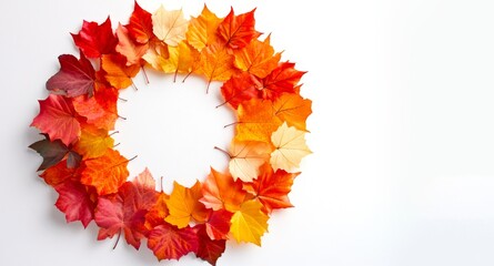A beautiful autumn wreath made of colorful maple leaves. The warm hues of red, orange, and yellow create a cozy and inviting atmosphere. Perfect for seasonal decor. AI