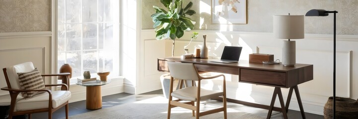 Sunlit home office with desk, laptop, and decorative items – Perfect for work-from-home, modern workspace, or interior design content.
