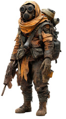Fototapeta premium Post-apocalyptic survivor character in rugged gear with tattered cloak, tactical pouch, mask goggles, worn rifle, survival outfit, urban wasteland setting, isolated on transparent background, png