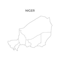 Black and white vector outline map of Niger, showing its regions and borders, suitable for educational, political, and geographic reference