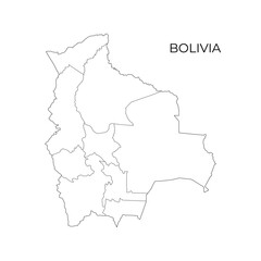 Black and white vector outline map of Bolivia, displaying its departments and borders, perfect for educational, political, and geographic reference