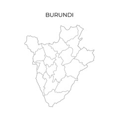 A black line map of Burundi showing its administrative divisions, with the country name displayed above on a white background