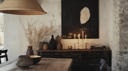 Aesthetic interior design featuring a wooden console table adorned with decorative vases, candles, and black sculptures. Stylish boho home decor. Template.
