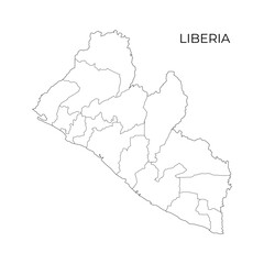 A black line map of Liberia displaying its internal administrative divisions, with the country name labeled above on a white background