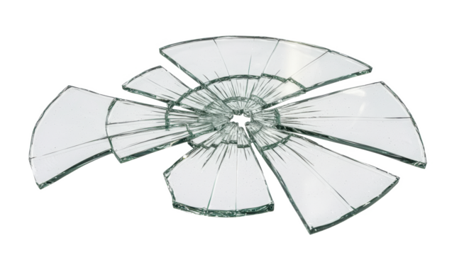A shattered glass pane with radial cracks isolated on a black background showing sharp edges and fragments