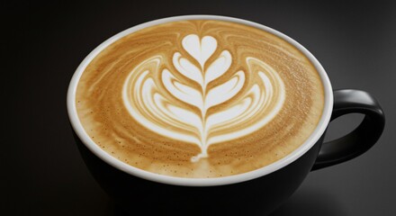 A close up shot of a cappuccino with latte art in a black mug against a dark gray background