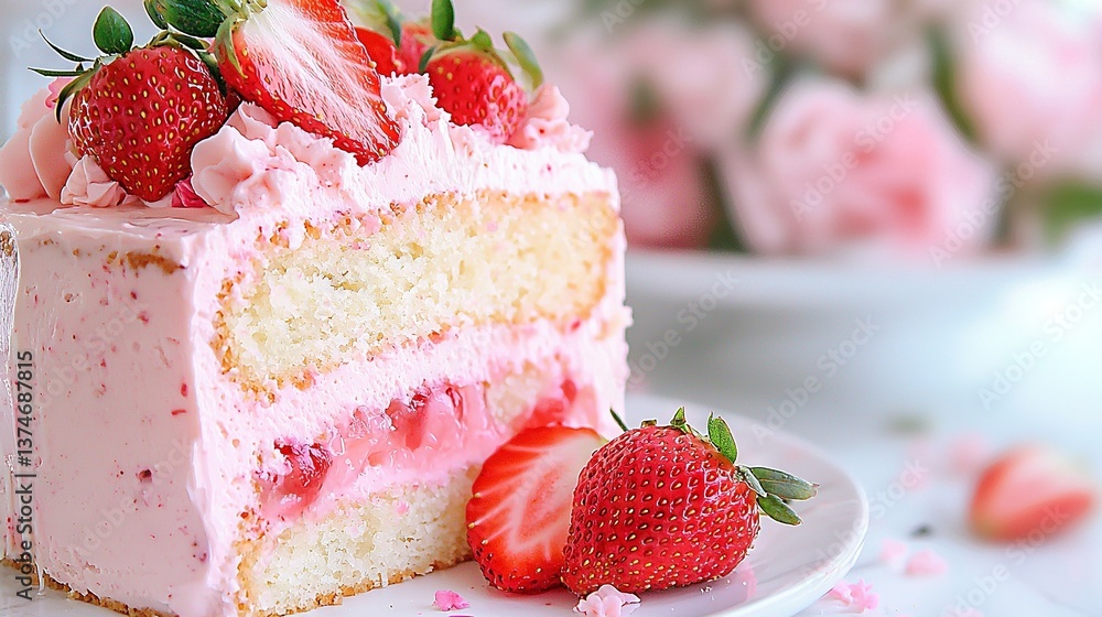 Aufkleber a macro of a slice of cake resting on a dish with strawberries surrounding it and background flora