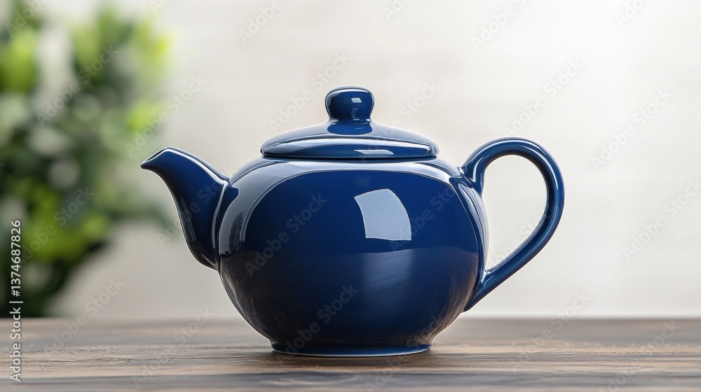 Poster the image is of a blue ceramic teapot with a lid and handle. it is sitting on a wooden surface with 