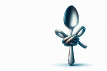 Spoon with a lace knot on a light background. Space for text.