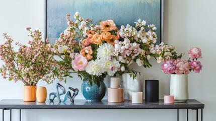 Elegant console table with vibrant flowers, pastel-colored candle holders, and minimalist decor pieces. A chic mix of playful sculptures and modern accents.