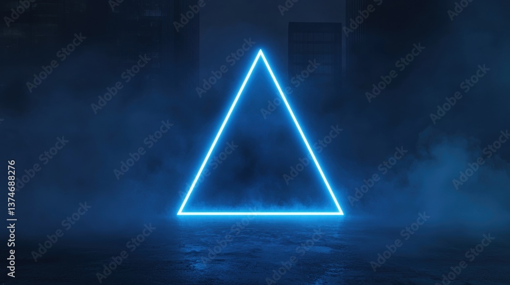 Poster 3d rendering of a blue neon triangle in the middle of a dark room. the triangle is made up of three 