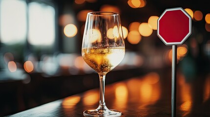 Promoting sobriety with a glass of white wine and a stop sign, symbolizing the conscious decision to avoid alcohol for a healthier lifestyle.