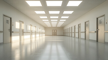 Naklejka premium Modern Interior of Spacious Hallway in Public Building with Clean Minimalist Design and Symmetrical Architecture