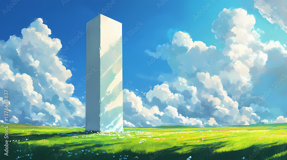 Wall mural white monolith in green field under blue sky with clouds. sunlit monolith. illustration