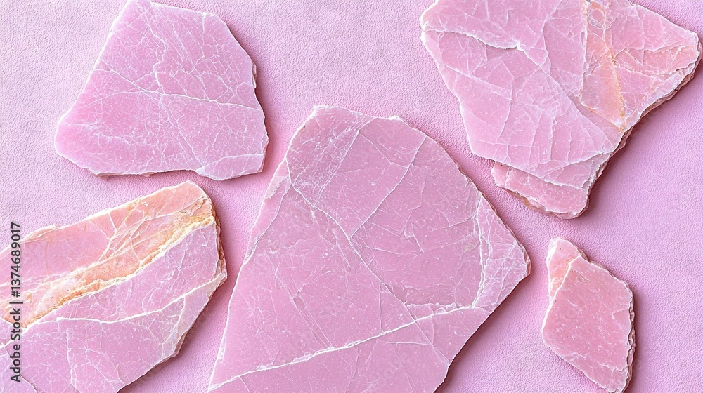 Poster a collection of meat chunks resting on a pink countertop alongside a broccoli slice