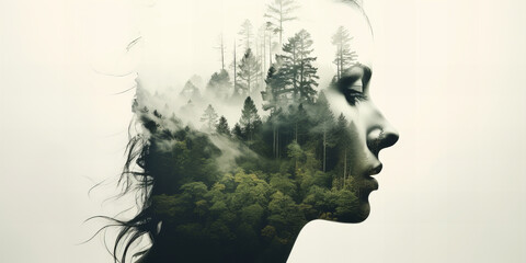 Artistic double exposure of a man's profile merged with a forest scene...