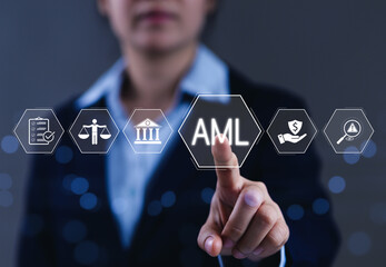 AML, Anti Money Laundering and Financial Compliance. Business professional interacts with AML...