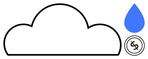 Minimalist cloud outline paired with a blue water drop and dollar coin. Ideal for environment, sustainability, resource conservation, finance, cloud services, economics, flat simple metaphor