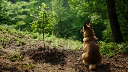 Naklejka premium Dog Sitting Next to Newly Planted Sapling in Nature