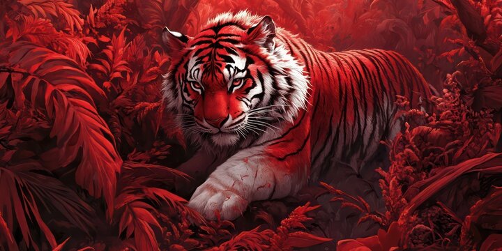 Red Tiger in the Jungle: A majestic tiger with striking white stripes emerges from a vibrant red jungle foliage, captivating viewers with its regal presence and alluring gaze.