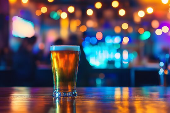 Beer glass at bar pub night out drink alcohol beverage brewery nightlife lights blurred background bokeh