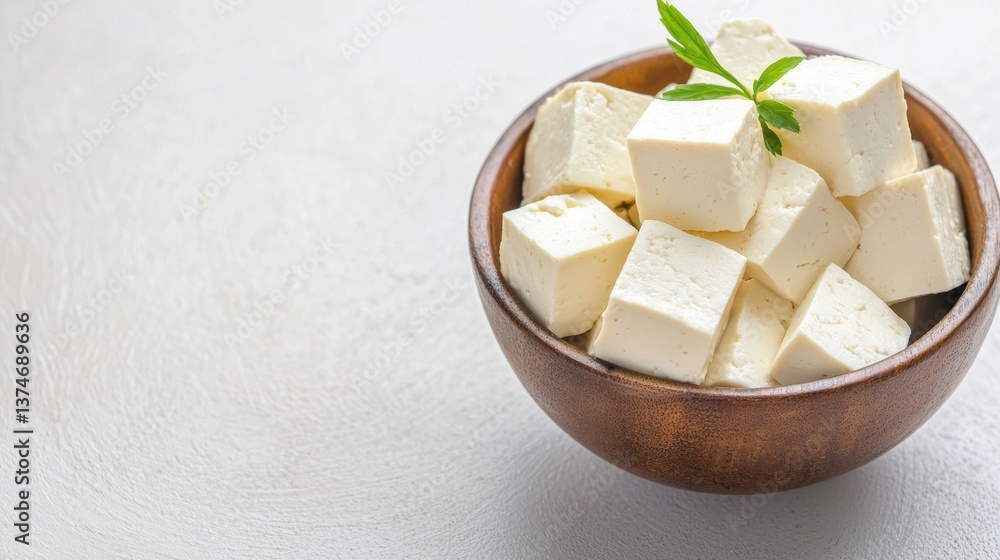 Poster wooden bowl filled with cubes of tofu. the bowl is made of light-colored wood and has a smooth surfa
