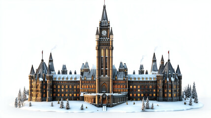 Fototapeta premium Explore the Snow-Covered Gothic Castle in Canada: A Winter Wonderland for Your Holiday Travel Destination