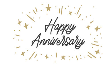 Happy Anniversary. Handwritten modern brush lettering with golden star burst confetti. Vector illustration.