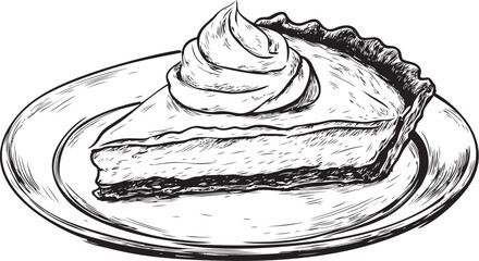 Slice of delicious pie with cream topping on a plate in black and white sketch. Vector illustration
