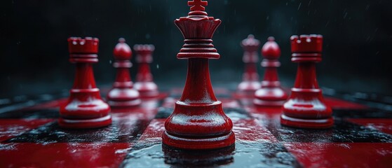 Chess pieces in dark red on a board under rain, close-up, with a king as the focal point