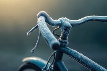 Frosty bicycle handlebars in the morning sun, a winter scene.