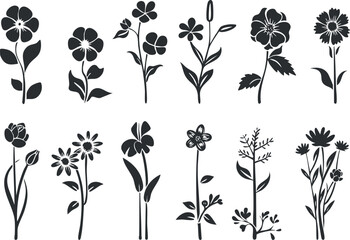 Black and white floral silhouette design featuring various stylized flower illustrations.