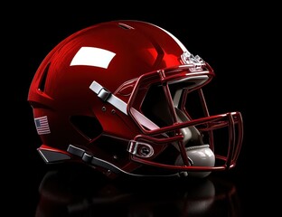 Fototapeta premium A red American football helmet with the team logo on it, set against a black background.