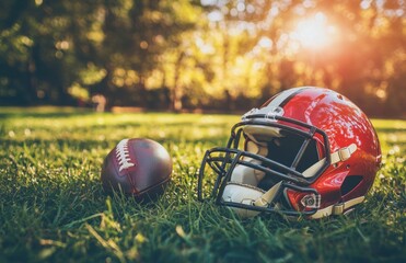 A red football helmet and ball on the grass of an American sports field, with sunlight shining through the trees. The background is blurred to highlight these objects.