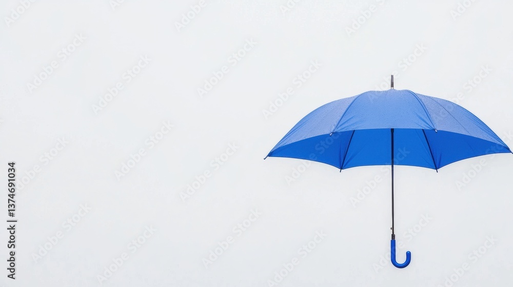 Poster the image is of a blue umbrella with a black handle. the umbrella is open and the canopy is slightly