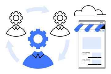 Gear-headed profiles connected by arrows represent teamwork, networking, and automation. Online storefront with a cloud signifies digital solutions. Ideal for business, technology, innovation