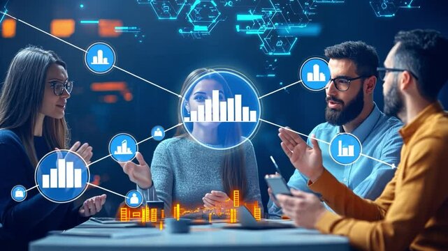 Teamwork and Digital Data: A vibrant image showcasing a group of business professionals engaged in a dynamic discussion, their collaborative effort illuminated by digital data visualizations. 