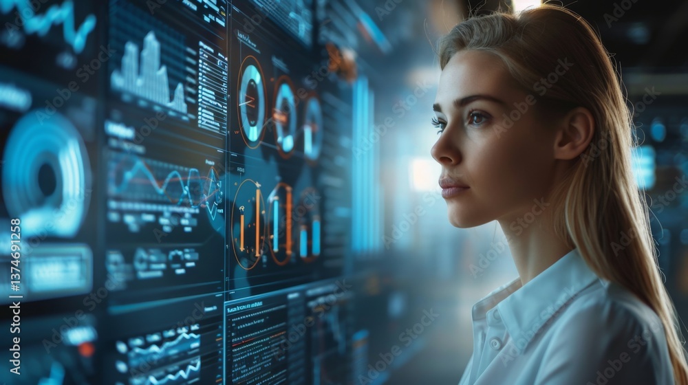 Poster business analyst reviewing data visualizations and metrics for informed decision making in a modern 