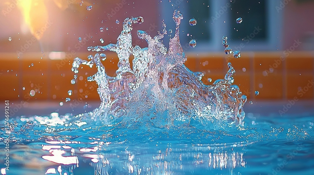 Poster a blue pool with water splashing out and a window in the background