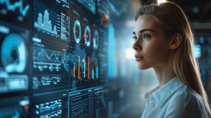 Business analyst reviewing data visualizations and metrics for informed decision making in a modern office environment