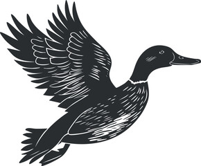 Obraz premium Silhouette illustration of a flying duck with detailed feathers and outstretched wings.